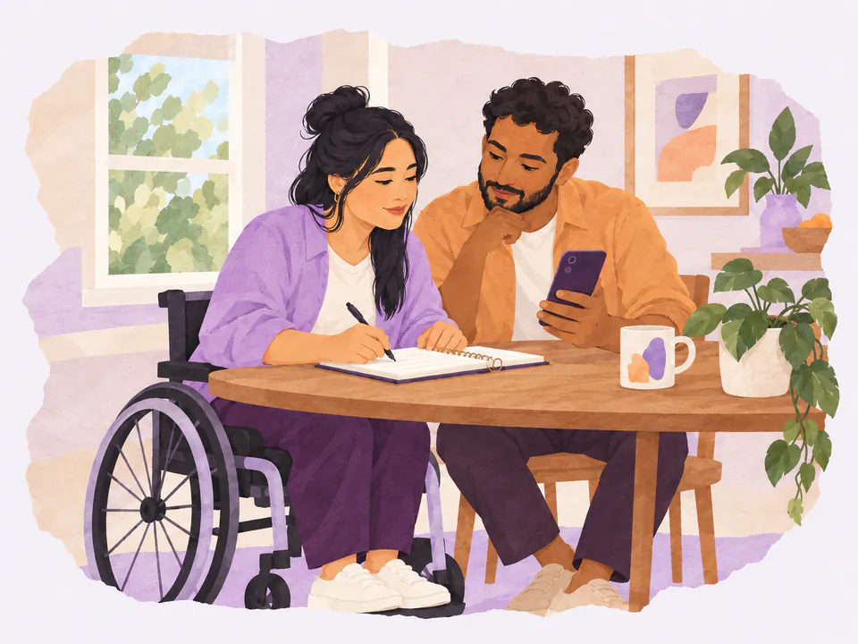 A woman using a wheelchair and her partner review a notebook and phone together.